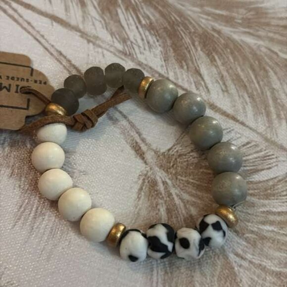 Boho Wood Bead Stretch Bracelet Gray & White - Picture 3 of 5